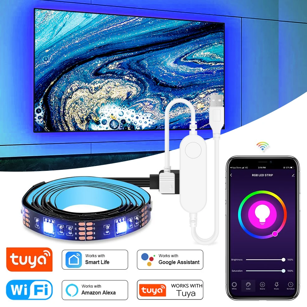 USB TV Led Strip Light RGB Tape Tuya Smart Wifi Flexible Light Lamp Screen TV Backlight Support Alexa Google 50CM 1M 2M 3M 4M 5M