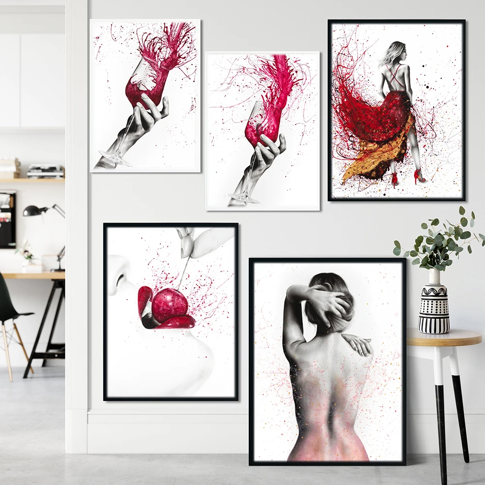 

Nordic Style Sexy Nude Woman With Red Wine Glass Poster Print Fashion Canvas Painting For Wall Picture Home Room Decoration