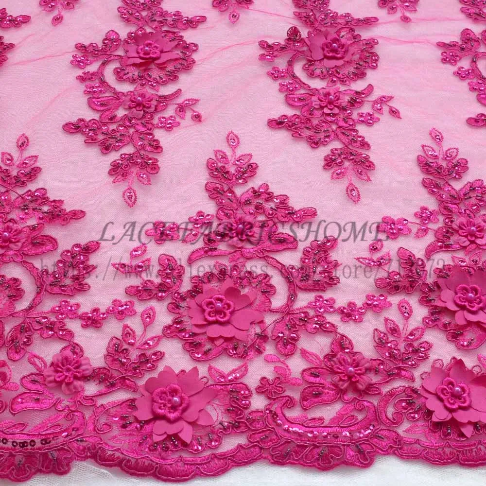 Hot pink La Belleza Ручной работы синий, красный 3D Цветы/бисером свадебное/вечернее платье кружевной ткани 4" Ширина 1 ярд - Цвет: Hot pink