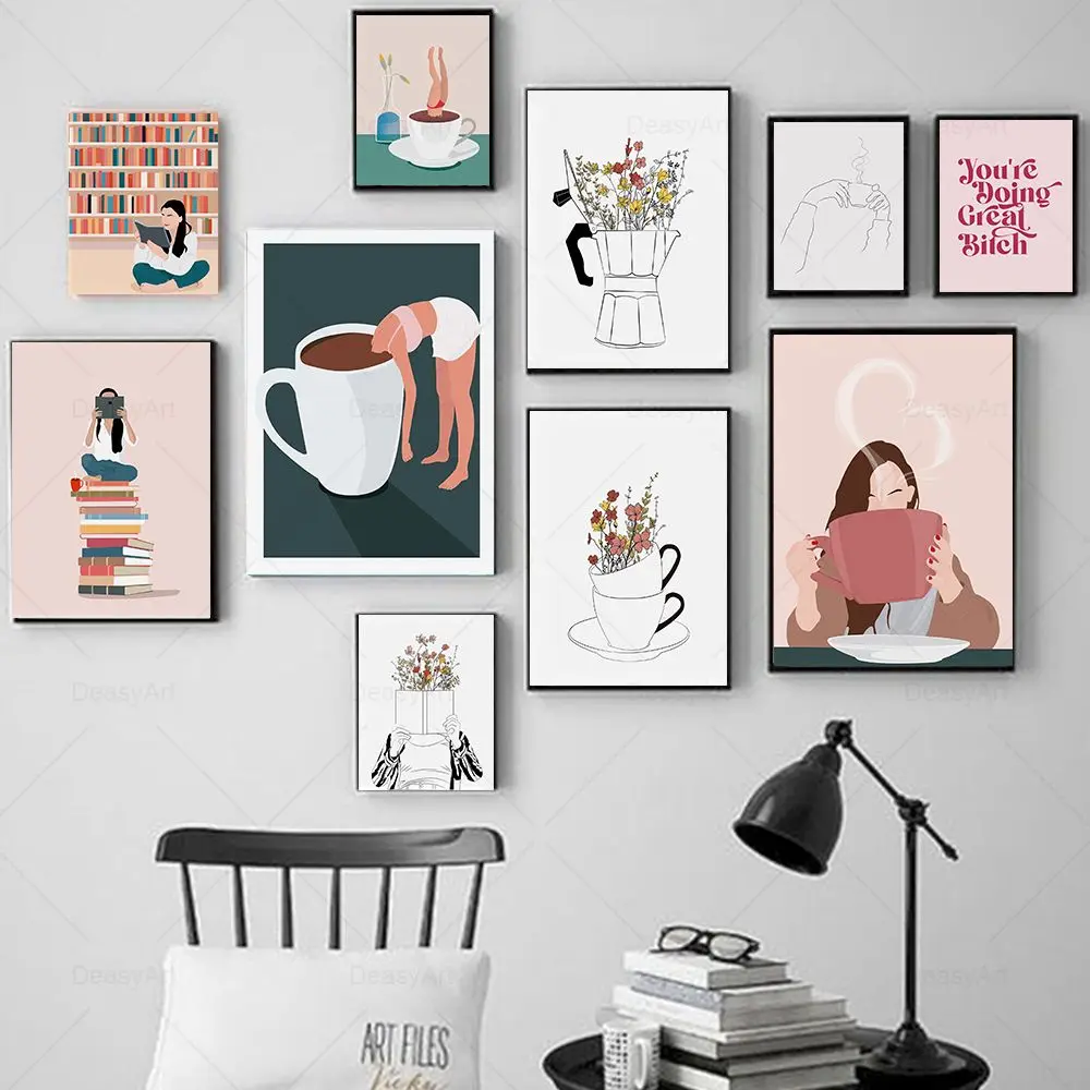

Funny Coffee Art Print Girl Reading Cocktail Coffee Posters Nordic Wall Art Canvas Painting Pictures Kitchen Cafe Bar Home Decor