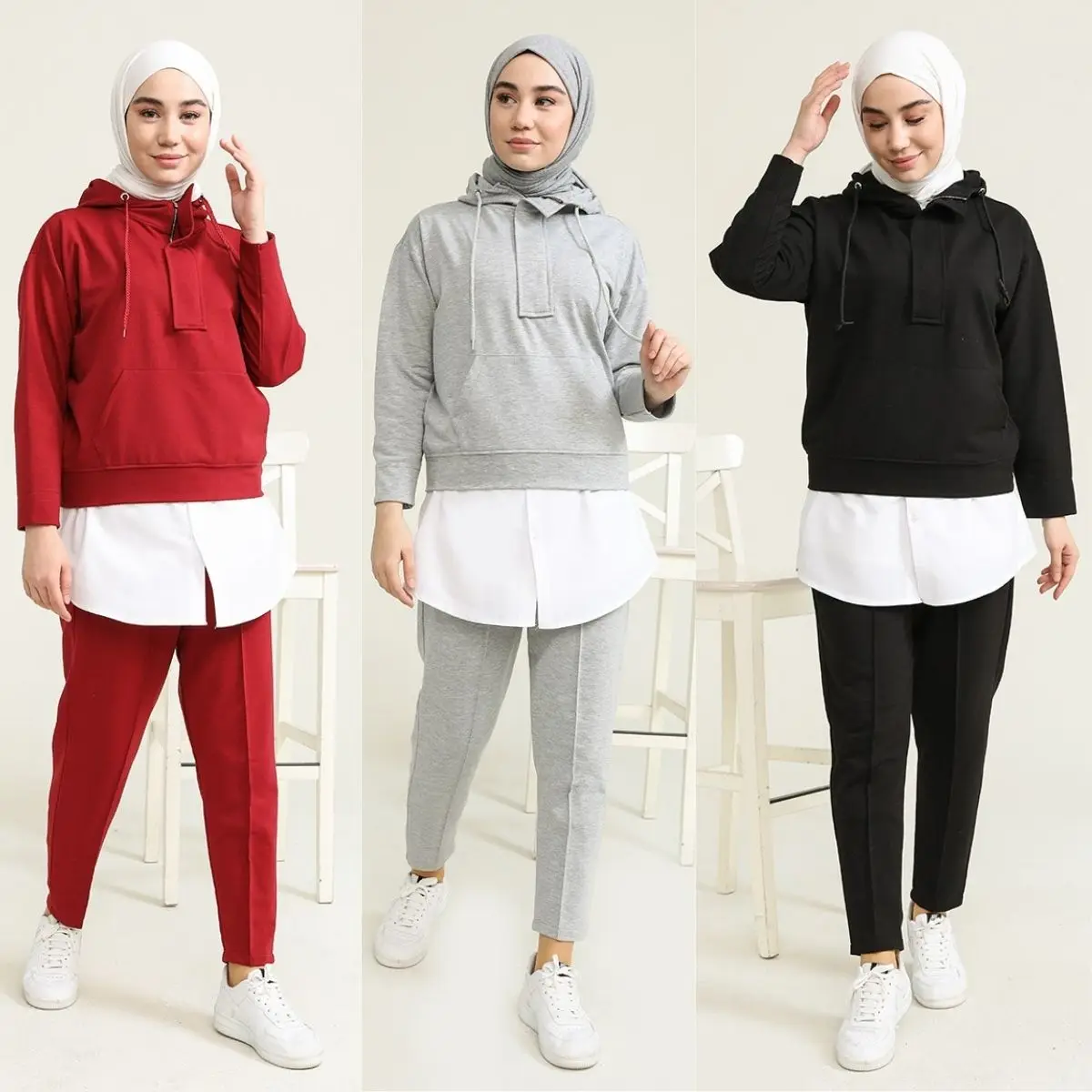 Hooded Tracksuit Set Zippered Pocket Long Sleeve Elastic Waist Sweatpants Women Fashion Muslim Hijab Turkey Istanbul Islam Dubai