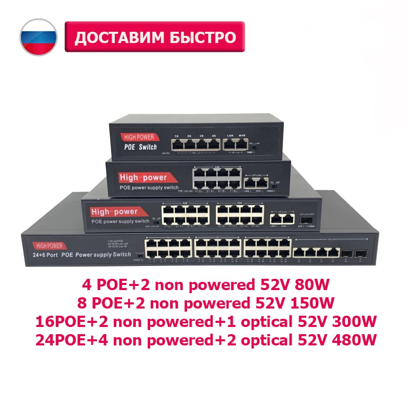 Коммутатор POE switch 52 В 80 Вт 150 300 480 свитч для IP камеры локальной сети сетевого