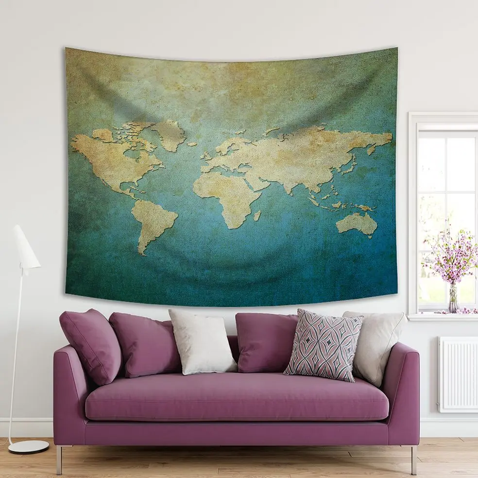 

Tapestry World Map on Grunge Background Geography Territories Antique Rustic Aged Look Artwork Printed Blue Beige