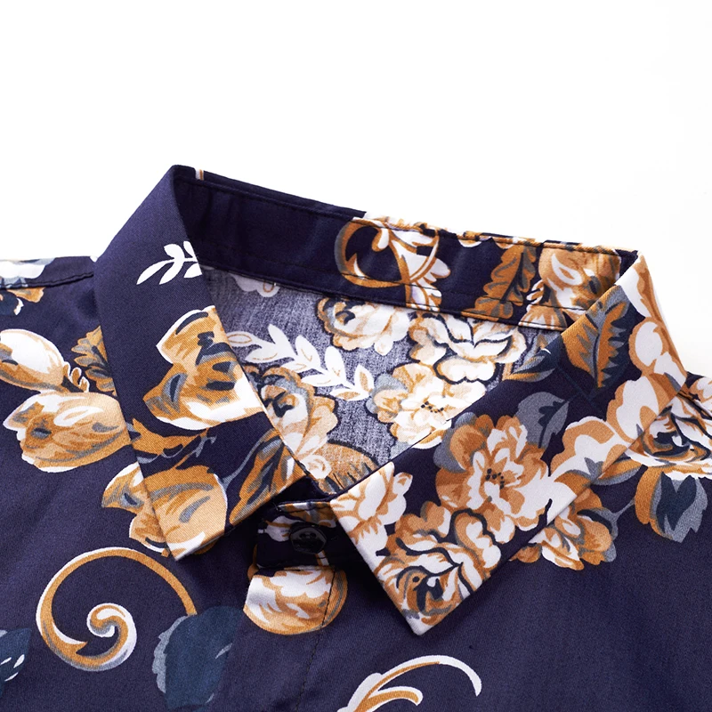 Мужская дышащая рубашка с длинным рукавом синяя приталенная и золотым цветочным