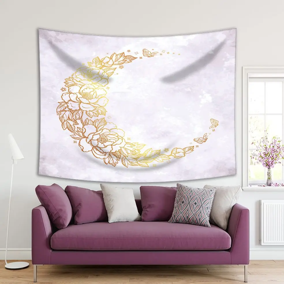 Гобелен с цветочным узором в форме золотого полумесяца цветы листья бабочки