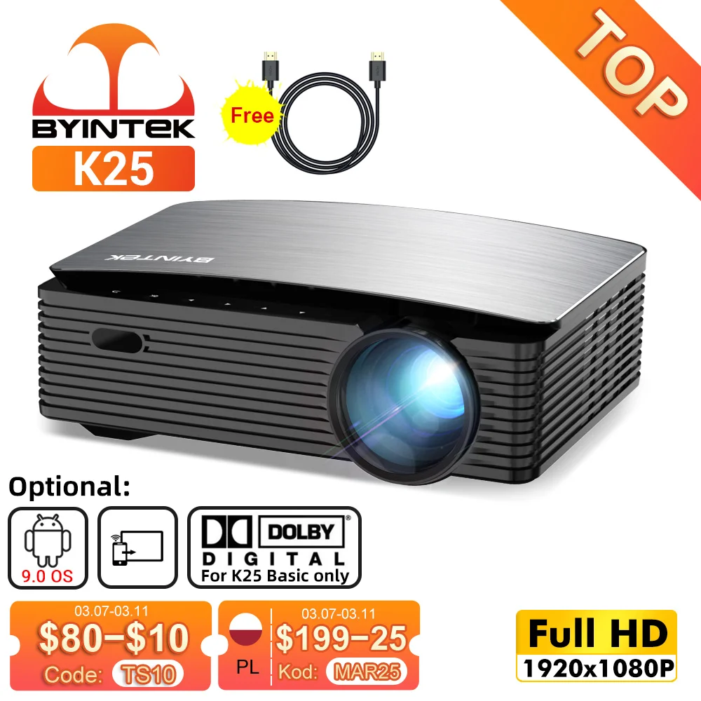 

BYINTEK K25 Full HD 4K 1920x1080P LCD Smart Android 9.0 Wifi LED Video Home Theater Cinema 1080P Projector for Smartphone