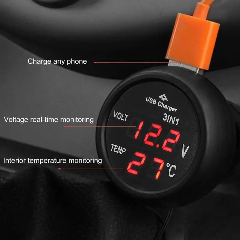 12V/24V Digital Meter Monitor 3 in 1 LED USB Car Charger Voltmeter Thermometer Battery LCD Dual Display | Автомобили и мотоциклы