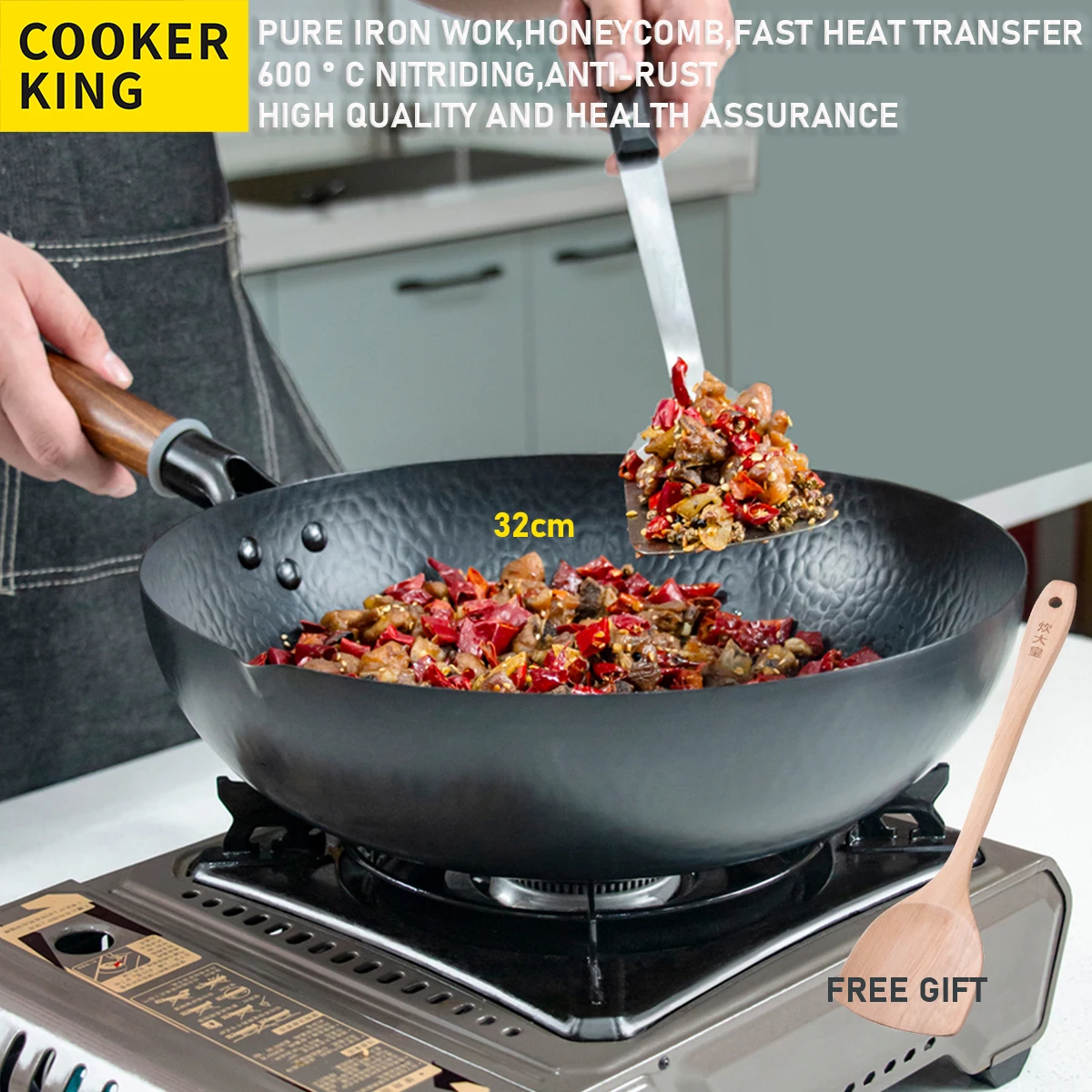 

COOKER KIN 32cm Iron Wok Carbon Steel Honeycomb Wok Pan Wood Handle Suitable For All Stove Include Induction