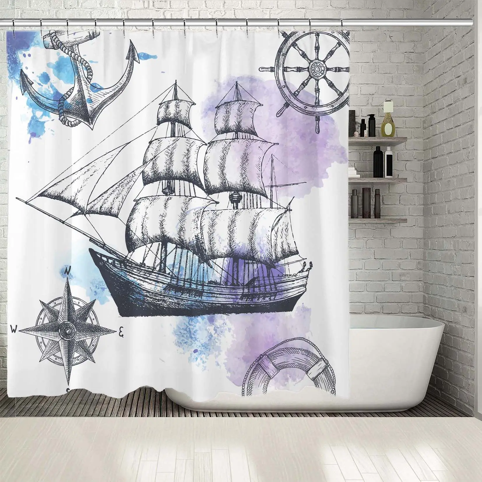 Занавеска для душа якорь пиратского корабля компас руль Акварельная краска