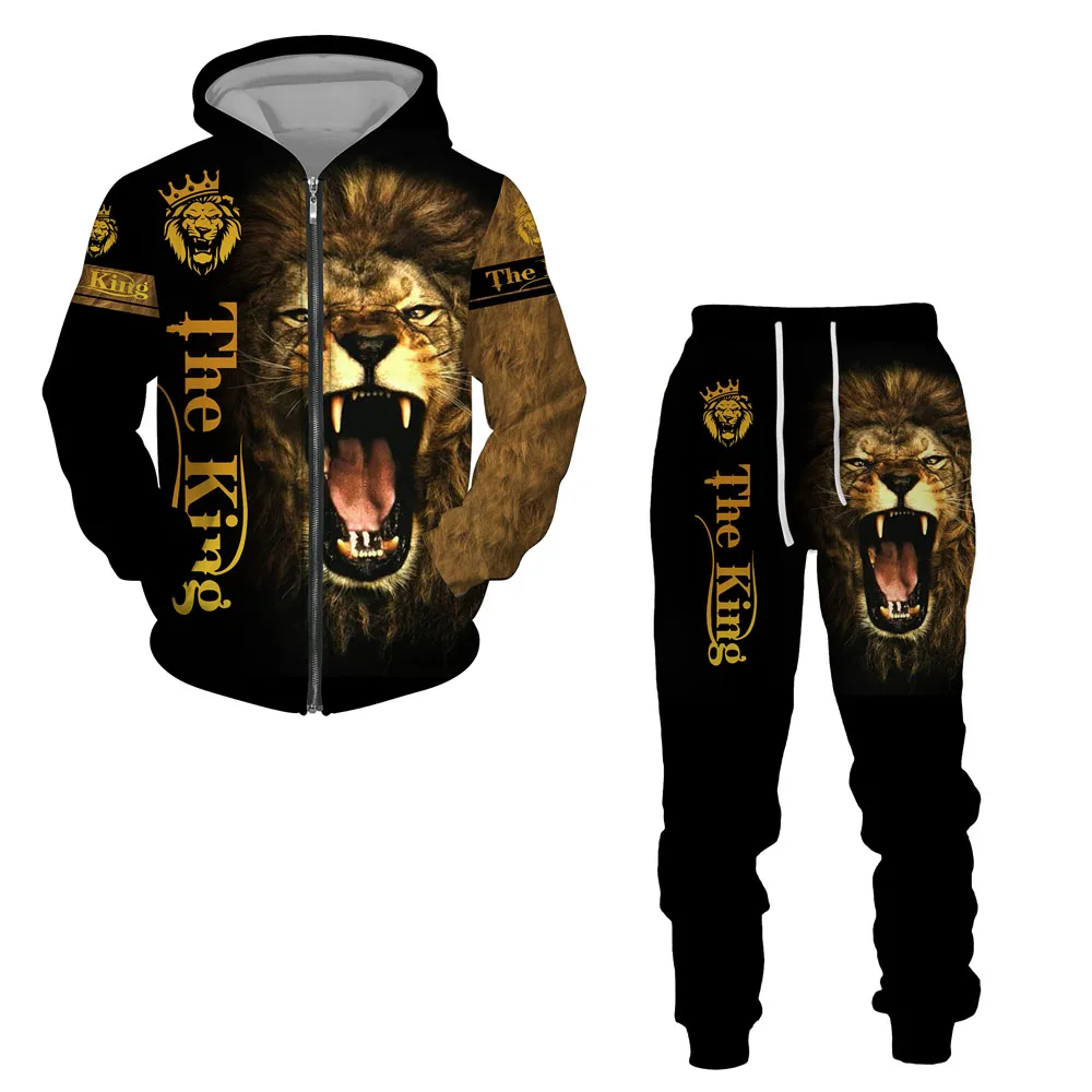 Personality Animal Cool Lion 3D All Over Print Tracksuits Men Fashion Zipper Hoodie Pants 2 Pcs Set Sport Suits
