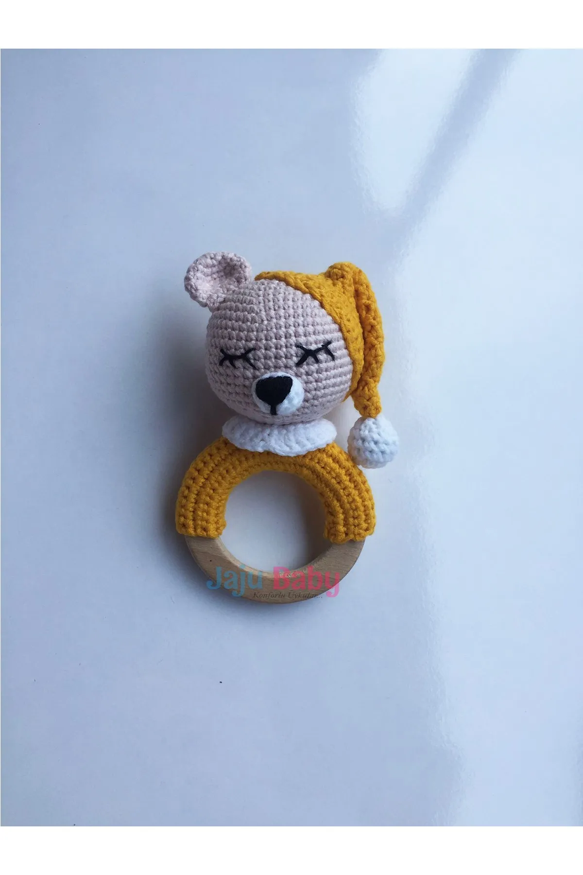 

Jaju Baby Handmade, Amigurumi Yellow Sleepy Teddy Bear Teether Rattle 14 cm