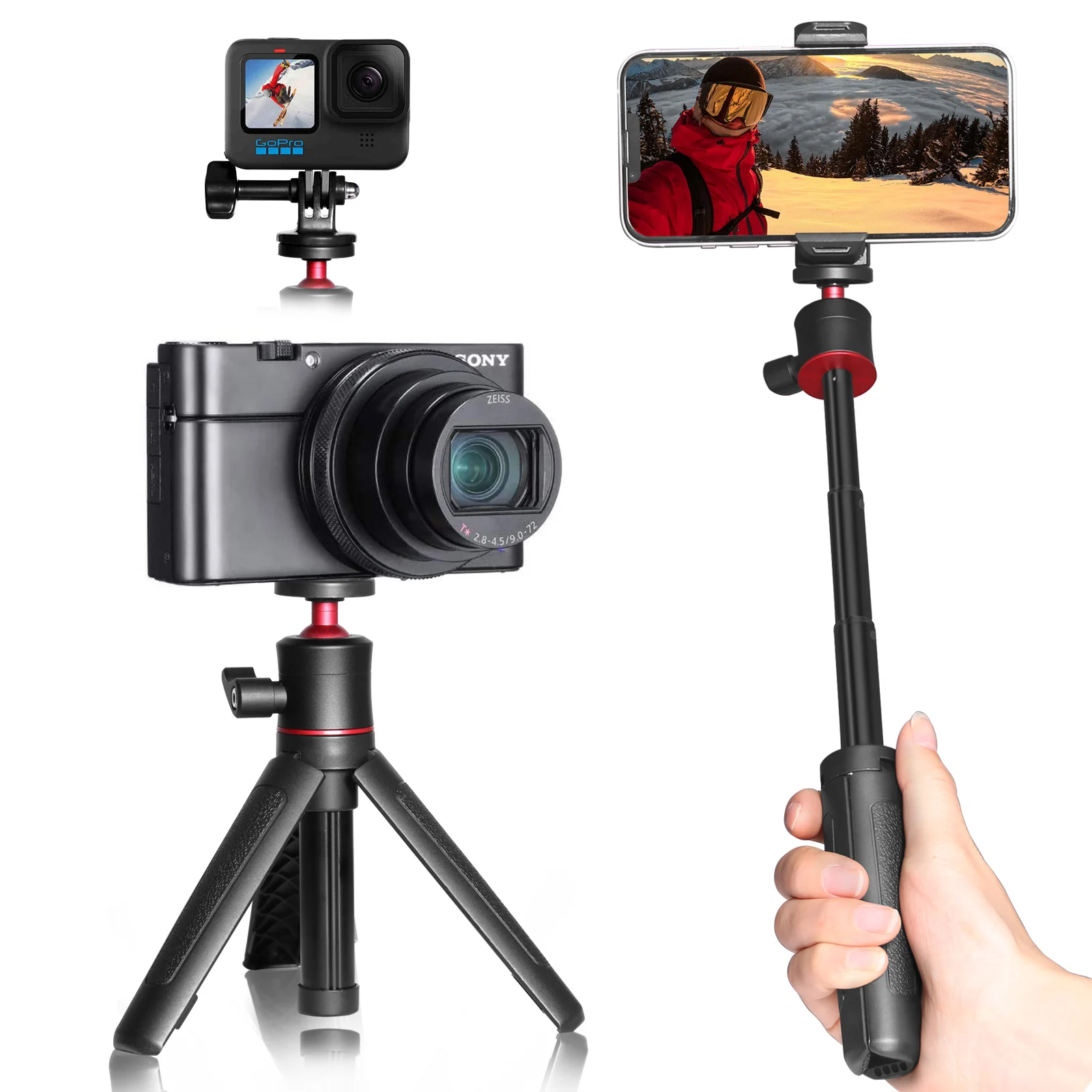 

AFAITH Mini Selfie Stick Tripod & phone holder Extende Table Monopod for Smart Phone holder Gopro Hero 9 8 7 6 5 Black