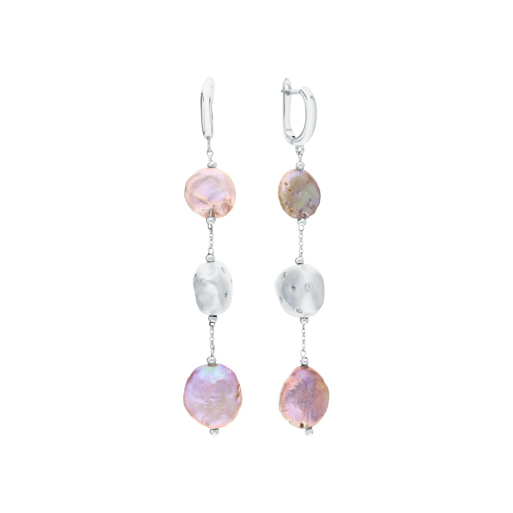 Серебряные серьги с жемчугом и кубическими циркониями SUNLIGHT проба 925 | Украшения