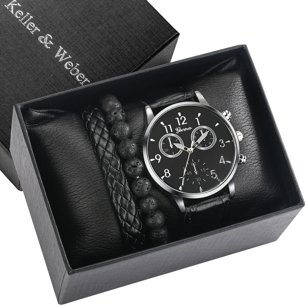 

Men Watch Bracelet 3Pcs Set Casual Business Leather Band Watch Quartz Sport Wristwatch with Gift Box Relogio Masculino