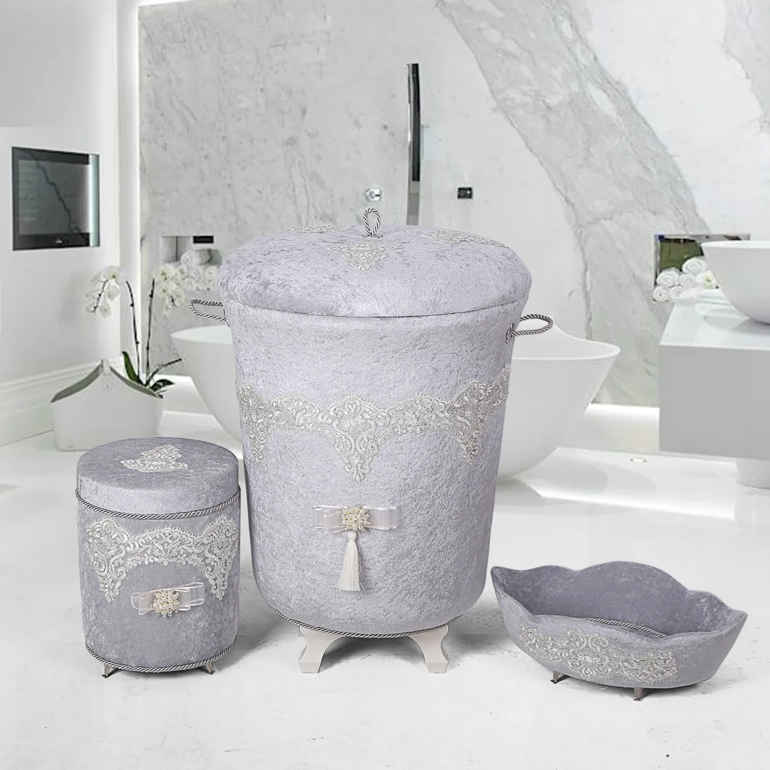 

Bonny Home домашняя Роскошная серая корзина для белья из 3 предметов, держатель для полотенец, коробка для моющих средств, органайзер для хранени...