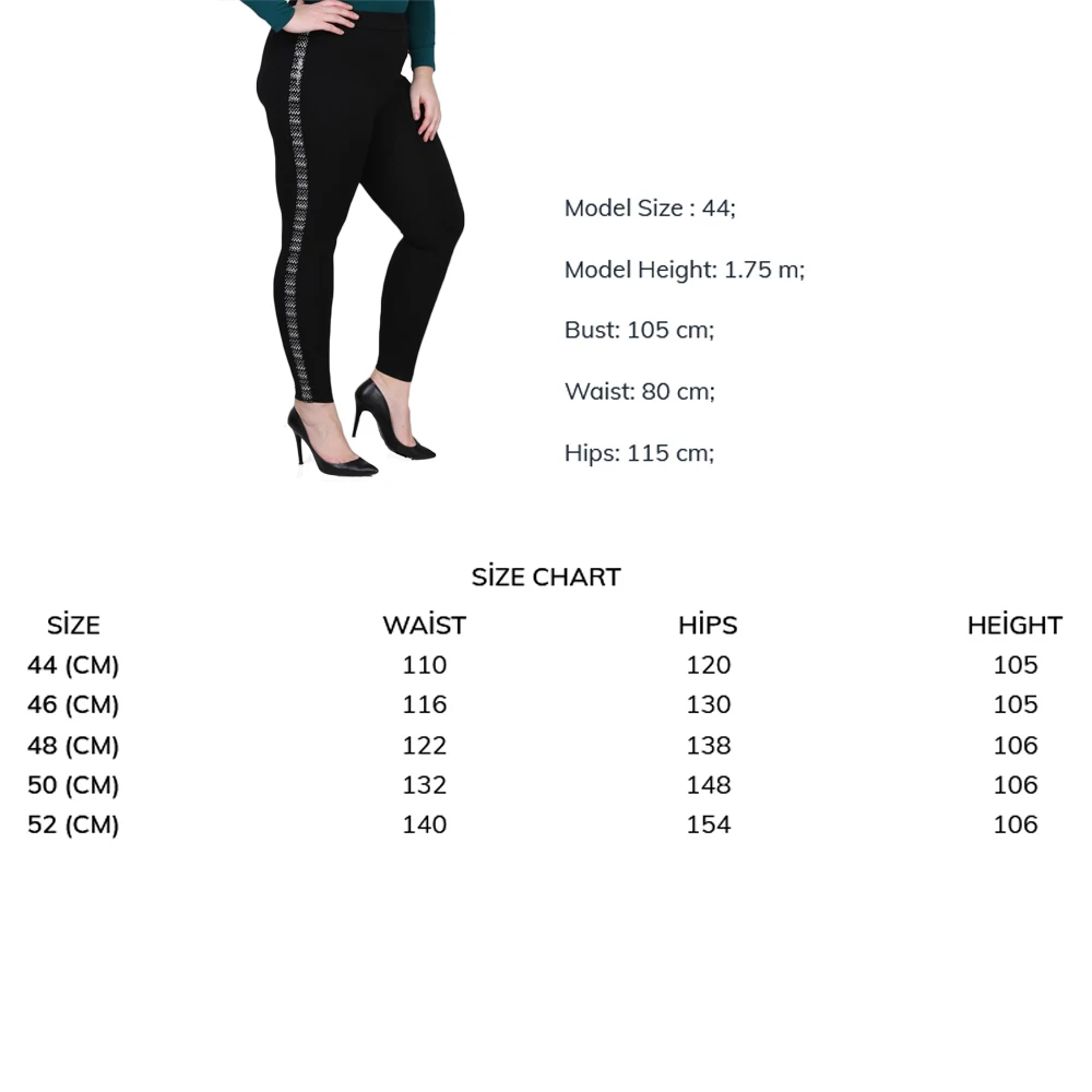 

Hanezza 2020 Autumn-Winter Plus Size Women Side Stripe Sequins Detailed High Waist Leggings Steel Viscose Netting Material 350