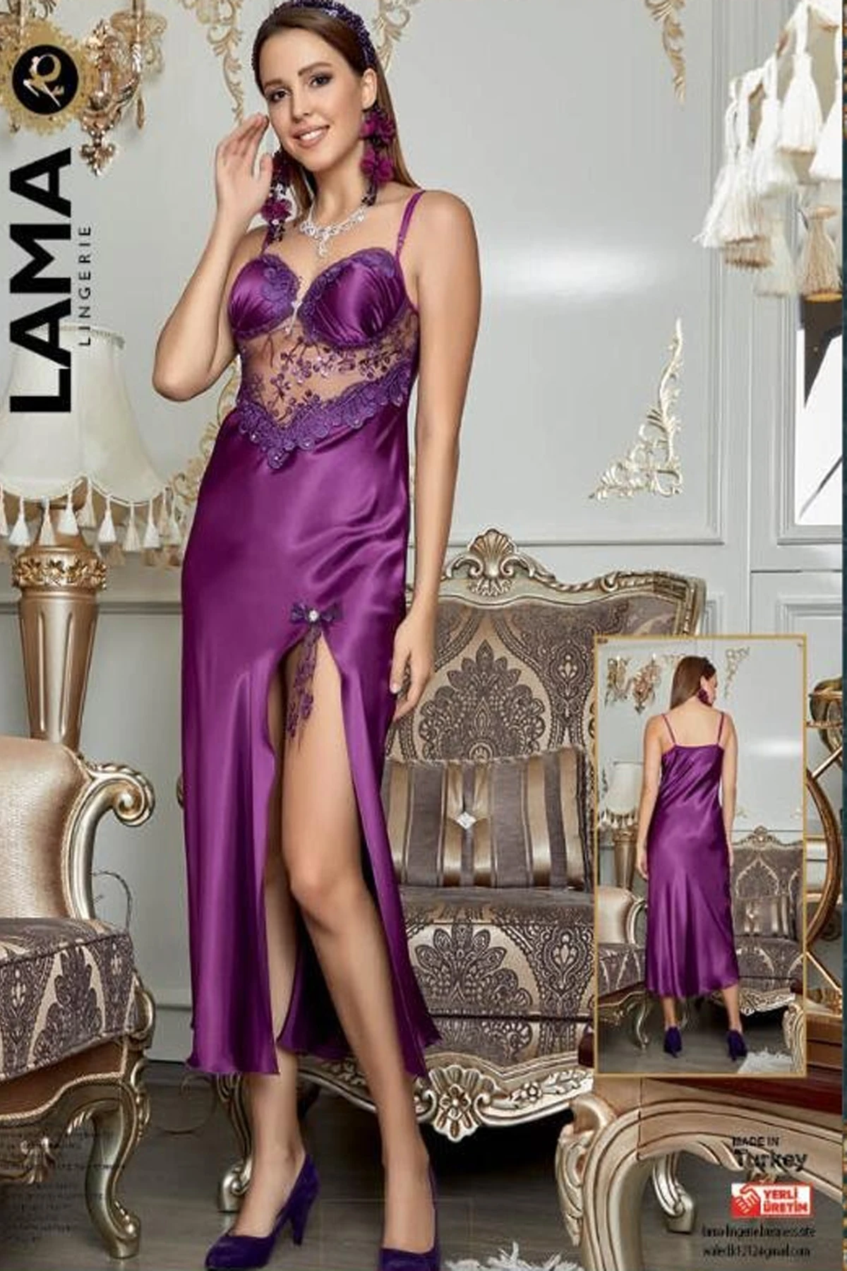 

Women Purple Color Long Satin Nightgown - RNL-LM2005