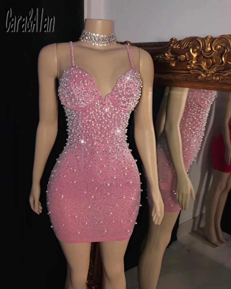 

Маленькие розовые платья для выпускного вечера с жемчугом, короткое вечернее платье, спагетти, блестящие мини-платья, платья для выпускного...