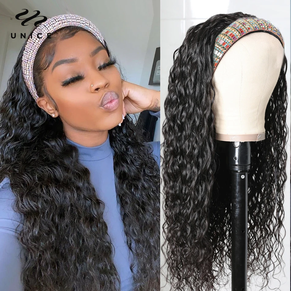 Unice hair 100% Human Hair Headband Wig Water Wave Top Quality Human Hair Wigs for Women No Glue & No Sew In 8-28inch