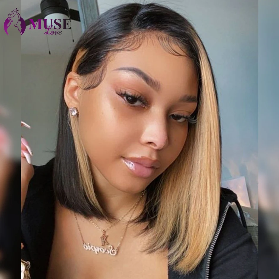 Ombre Highlight Preplucked Short Bob Human Hair For Women Brazilian 13x4 Lace Front Wig Remy Natural Hairline High Density