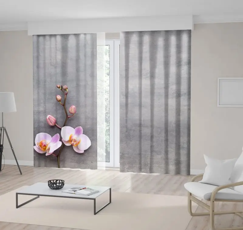 

Curtain Orchid Flower with Stem Buds on Grey Wall Spring Nature Theme Photo Printed