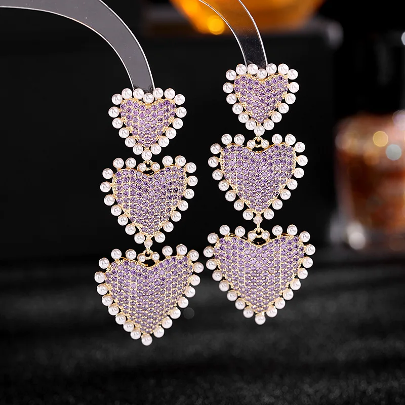 

High Sense Of Micro-Inlaid Zirconium Exquisite Earrings Gradient Purple Zircon Long Fashion Exaggerated Love Earrings For Women