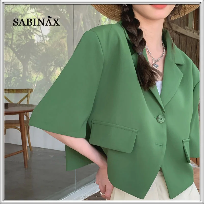 SABINAX Women's Blazers Spring 2022 Summer Korean Drape Solid Green Short-sleeved Suit Short Jacket Black Coat Women's Clothing