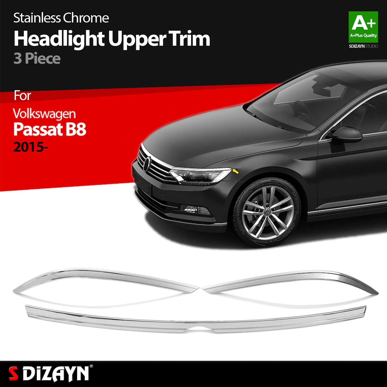 

S Dizayn For Volkswagen Passat B8 Chrome Headlight Trim Stainless Steel 3 Pcs VW Exterior Car Accessories Parts Auto Products