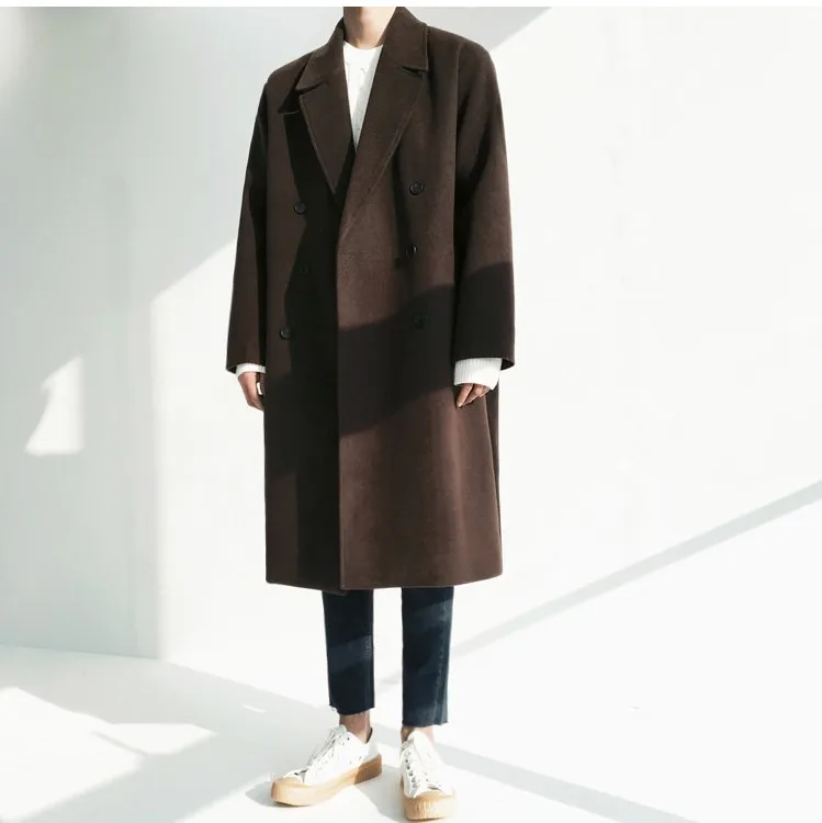 Obrix Мужское шерстяное пальто базовое двубортное с v-образным вырезом и длинным