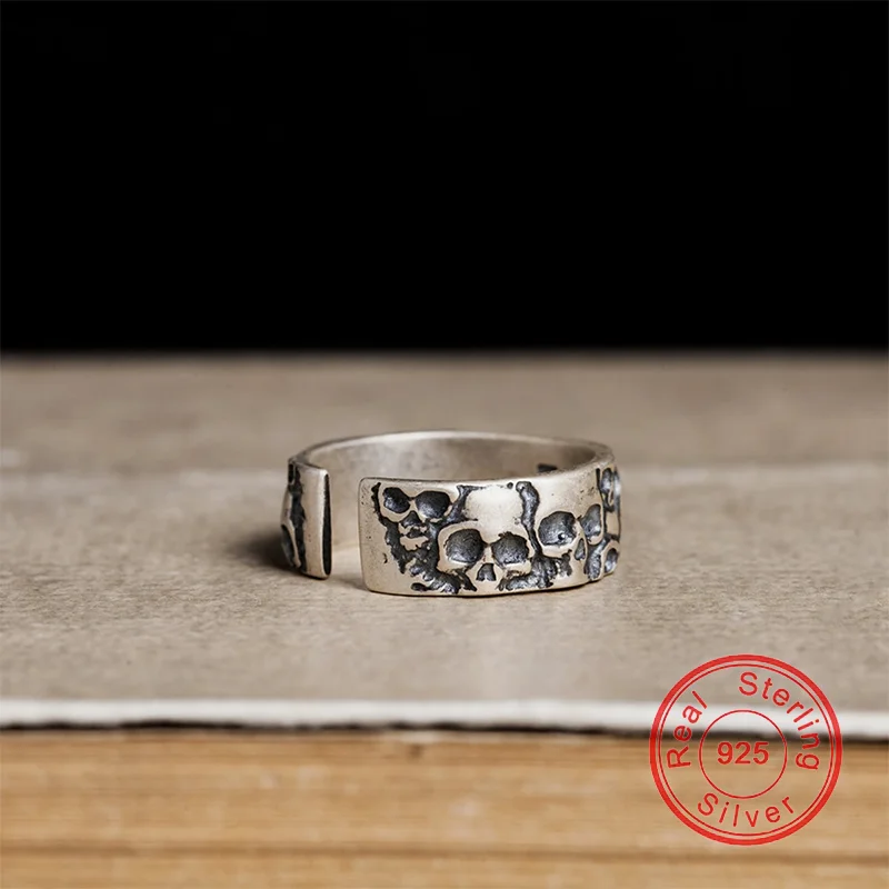 New 100% 925 Sterling Silver Skull Gothic Punk Rings For Men Women Mortorcycle Biker Party Vintage Adjustable Fine Jewelry Gift