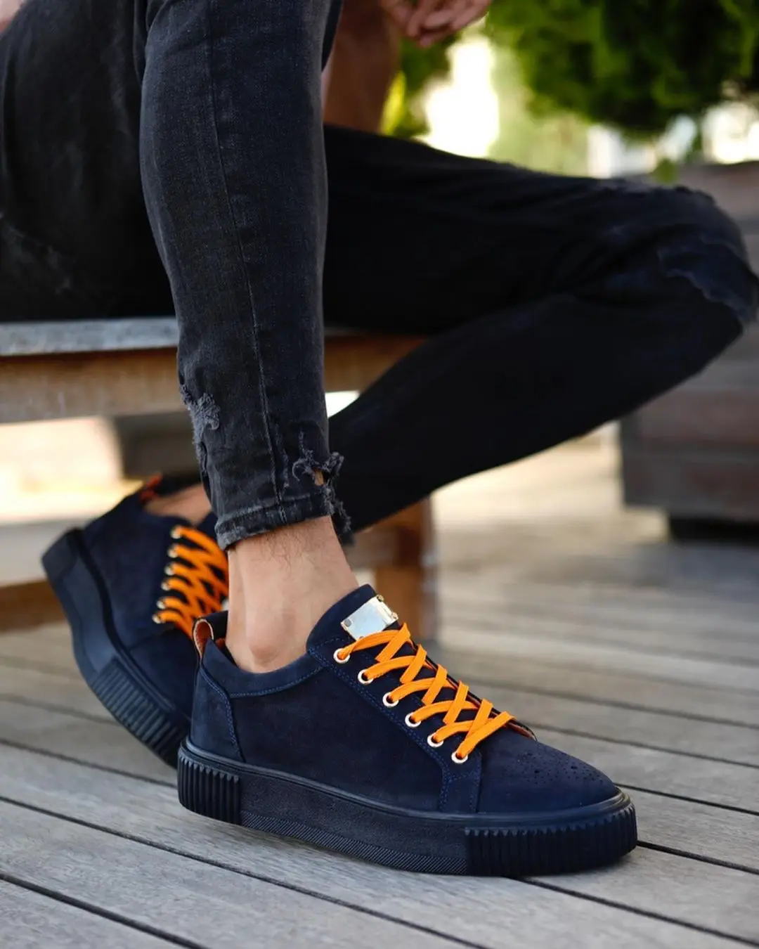 

100% Genuine Leather Casual Style Men Shoes Handmade Comfortable Durable-13756 NAVY AND ORANGE