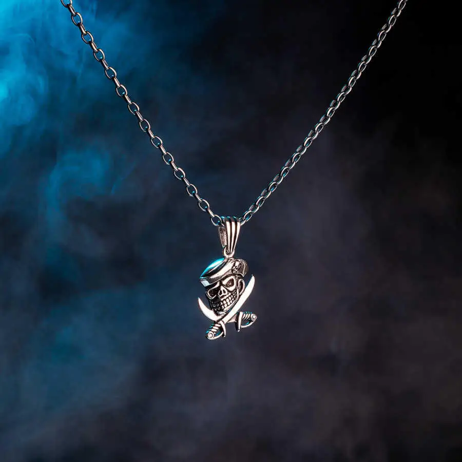 

Edgy Pirate Skull with Crossed Swords Necklace (Thick Chain) Fashion Turkish Premium Quality Handmade Jawelery