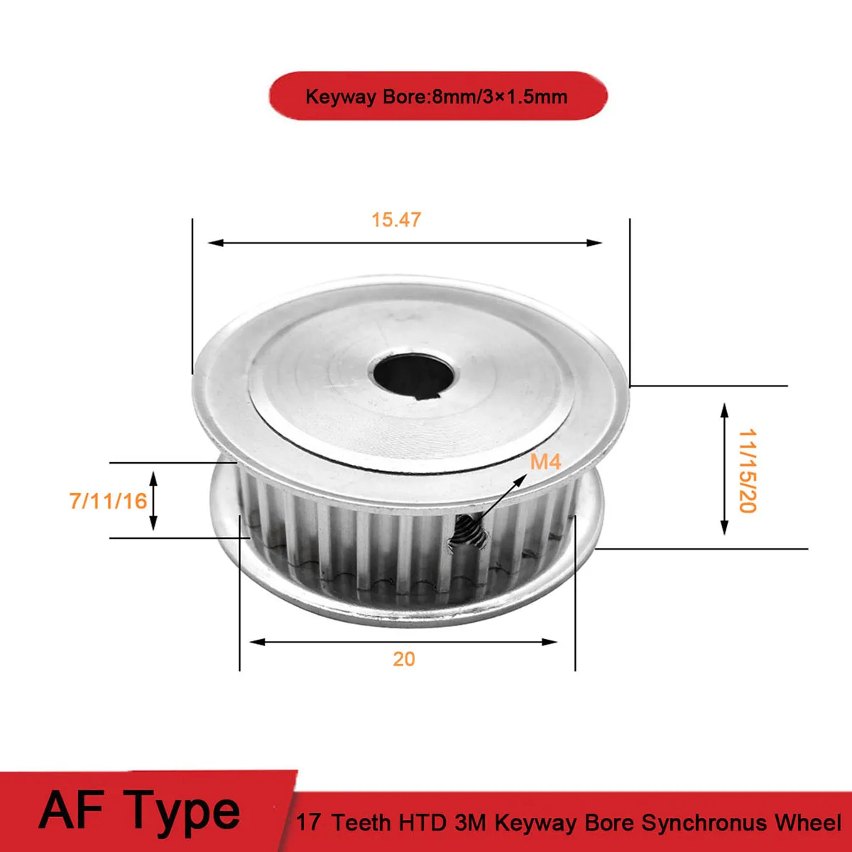 

1pcs 17 Teeth HTD 3M Timing Pulley 8mm Keyway Bore Aluminum Alloy Synchronous Timing Belt Pulleys Teeth Width 7/11/16mm