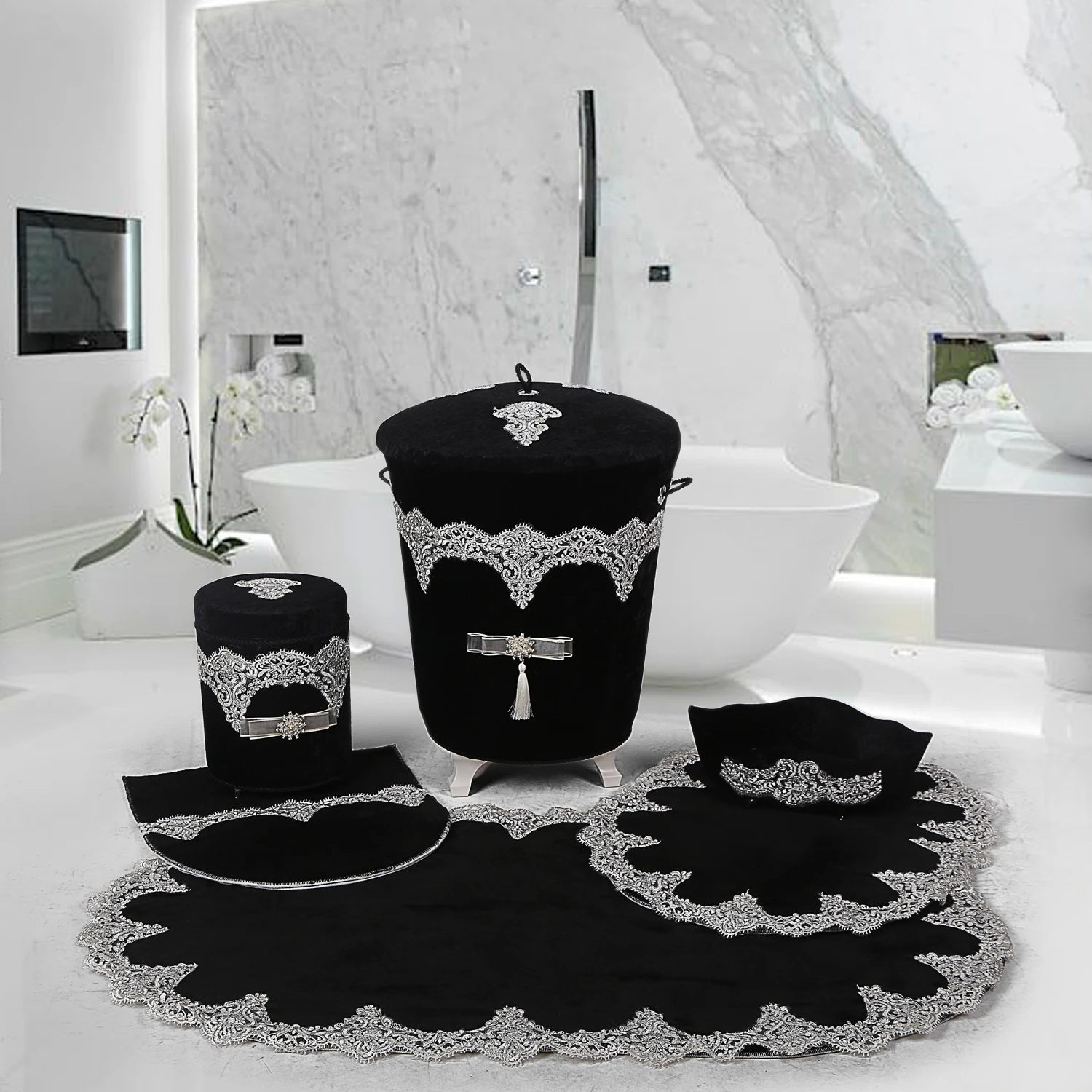 

Bonny Home домашняя роскошная черная корзина для белья из 6 предметов и набор ковриков для ванной, органайзер для хранения грязной одежды и коври...