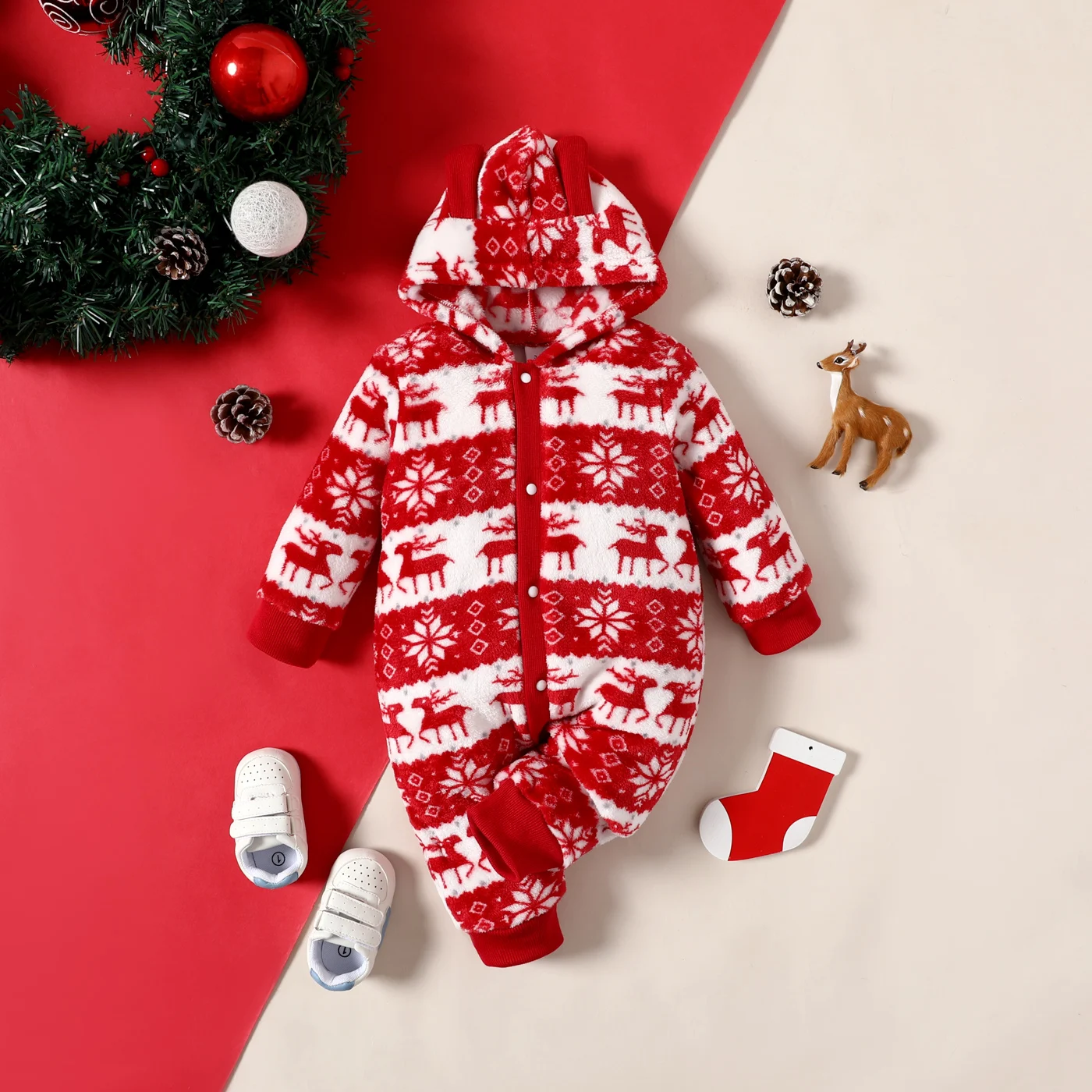 

PatPat Baby Boy Christmas Deer Snowflake Pattern Colorblock Fuzzy Hooded Jumpsuit