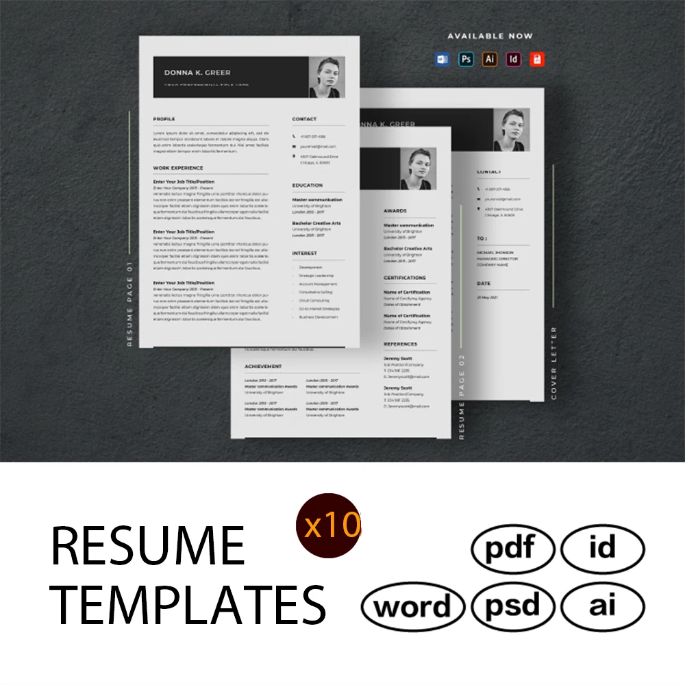 

10 Themes One Page Professional Clean Simple Executive CV Resume Template Word Docx InDesign Idml Photoshop PSD Templates