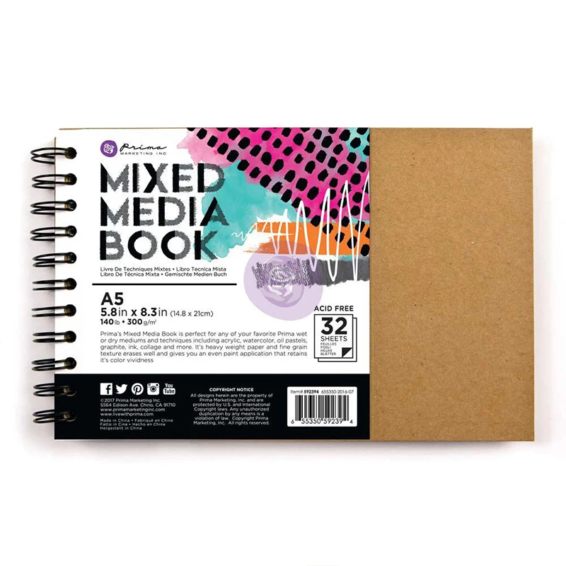 

USA Imported Prima Marketing A5 Watercolor Mixed Media Book 300g Medium Grain Hard Cardboard Skin Acrylic Pastel Sketchbook