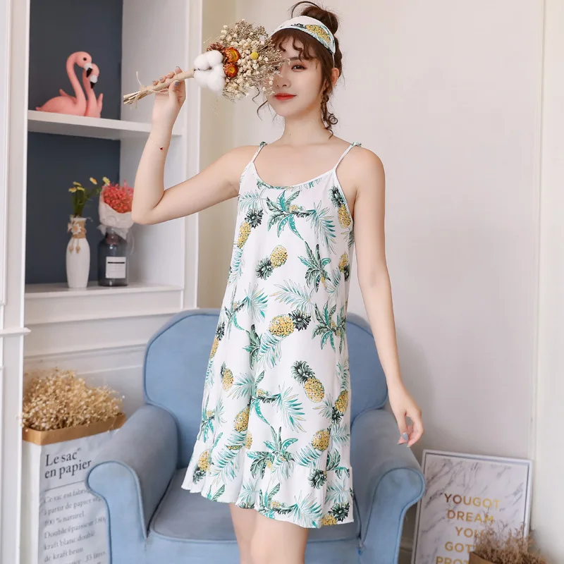 

Womens Loose Sling Nighwear Summer Cartoon Fruit Print Striped Sleevesless Sexy Short Dress Slips Under Dress Round Neck Pink
