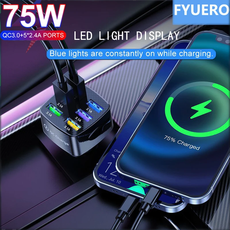 

6 Port Usb Car Charger for Cigarette Lighter 75W Fast Charging for Samsung Xiaomi Mobile Phone iPhone 13 Pro Max 12 11 7 8 Plus