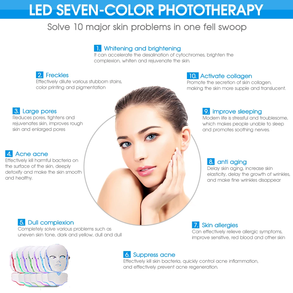 Светодиодный Фотон Маска для лица 7 цветов светильник маска красоты машина