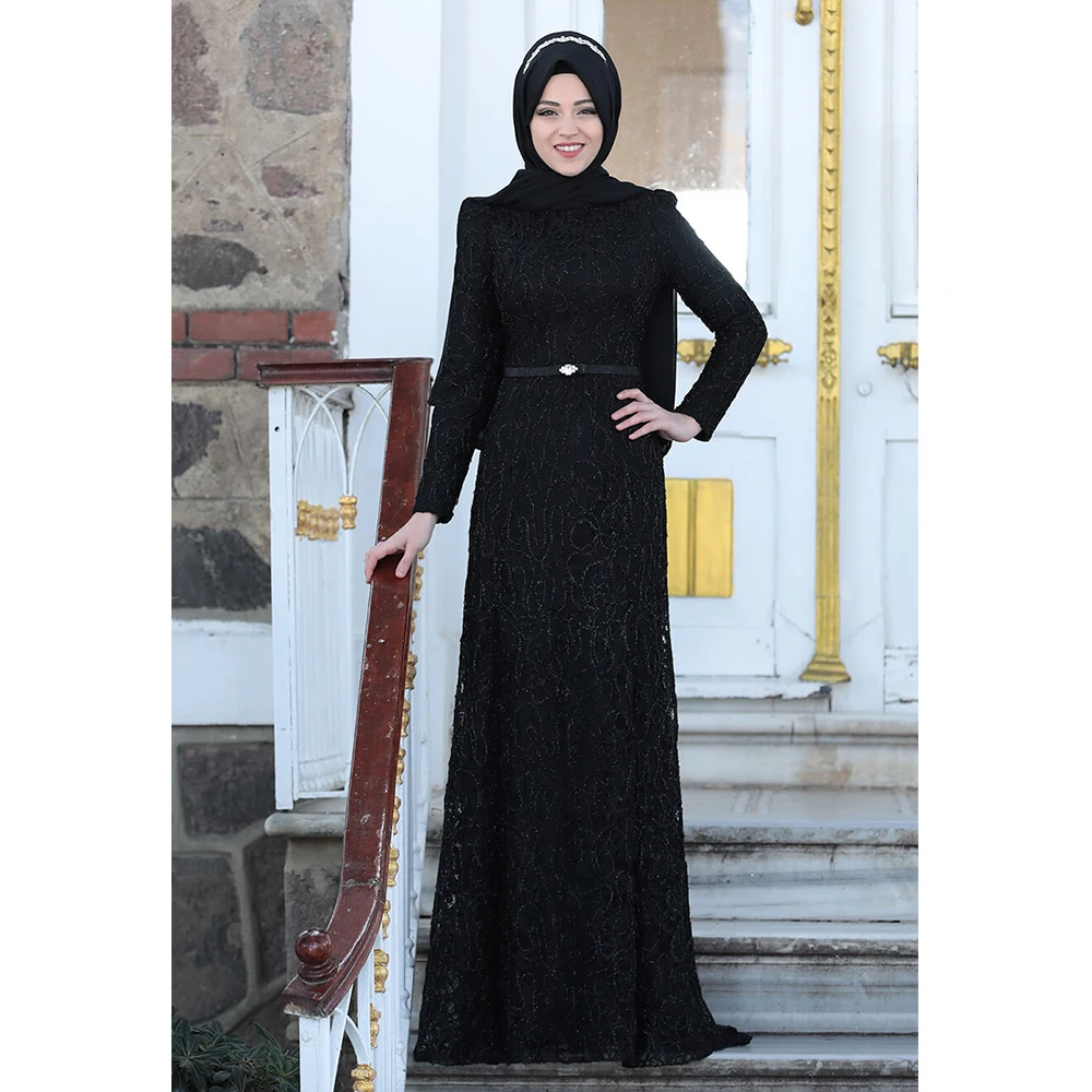 

Muslim Hijab Evening Dress Lace Full Length Lined Islamic Abaya
