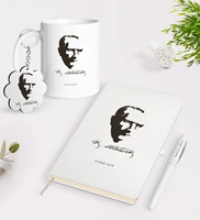 personalized ataturk themed trophy keychain white notebook pen gift seti 23