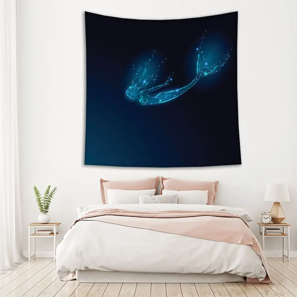 Tapestry Mermaid Diving in Deep Ocean Low Poly Pattern Fantasy Mystic Creature Artwork Blue Green | Дом и сад