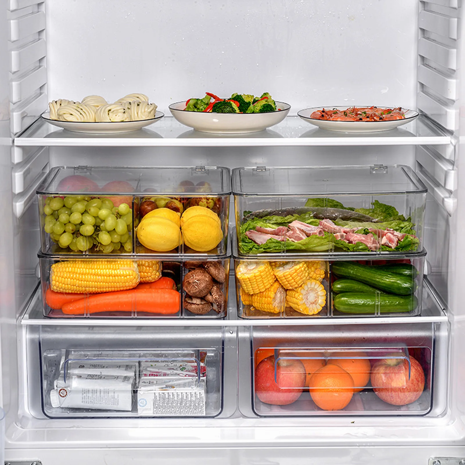 

High Capacity Refrigerator Dividing Storage Box Transparent Plastic Kitchen Food Fruit Vegetables Meat Seafood Snack Storage Box