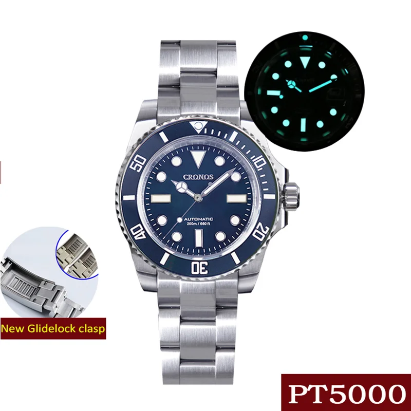 

Cronos Diver Watch Water Ghost Luxury Men Watch Automatic Mechanical PT5000 Movement Full Luminous Stainless Bracelet 20Bar