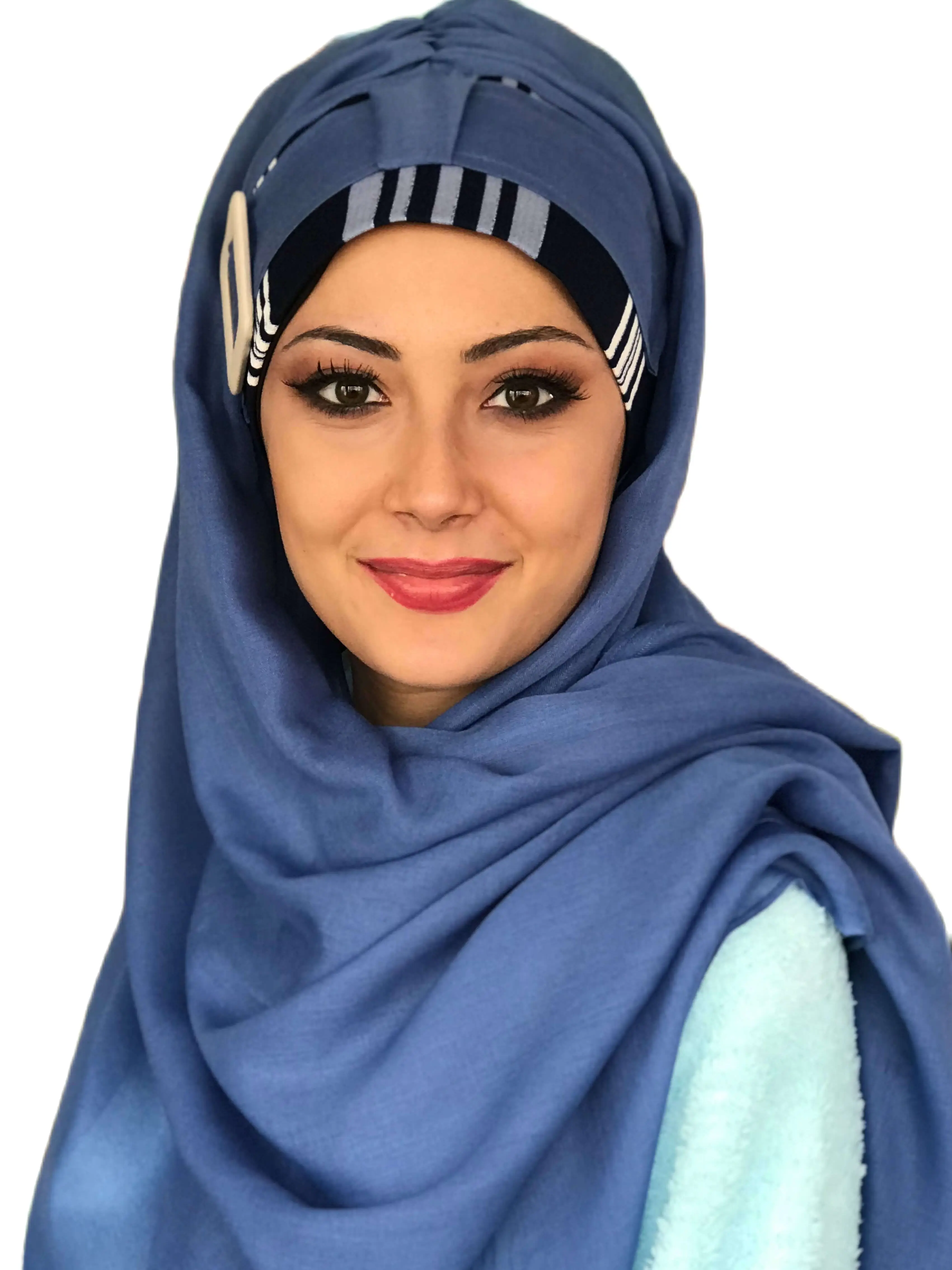 New Fashion Hijab Women 2021 Scarf Muslim Hijab Islamic Turban Hat Kerchief Blue Buckle Plaid Patterned Cotton Ready Made Shawl
