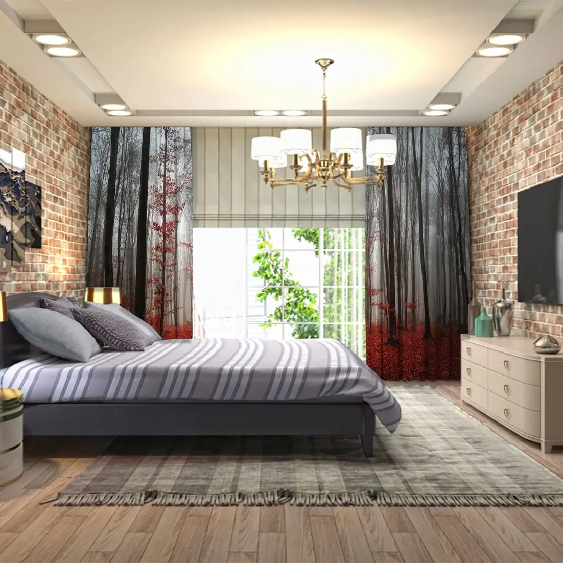 Занавес Мистик ЛЕС ДЕРЕВЬЯ красные листья туманный утренний вид осень Природа