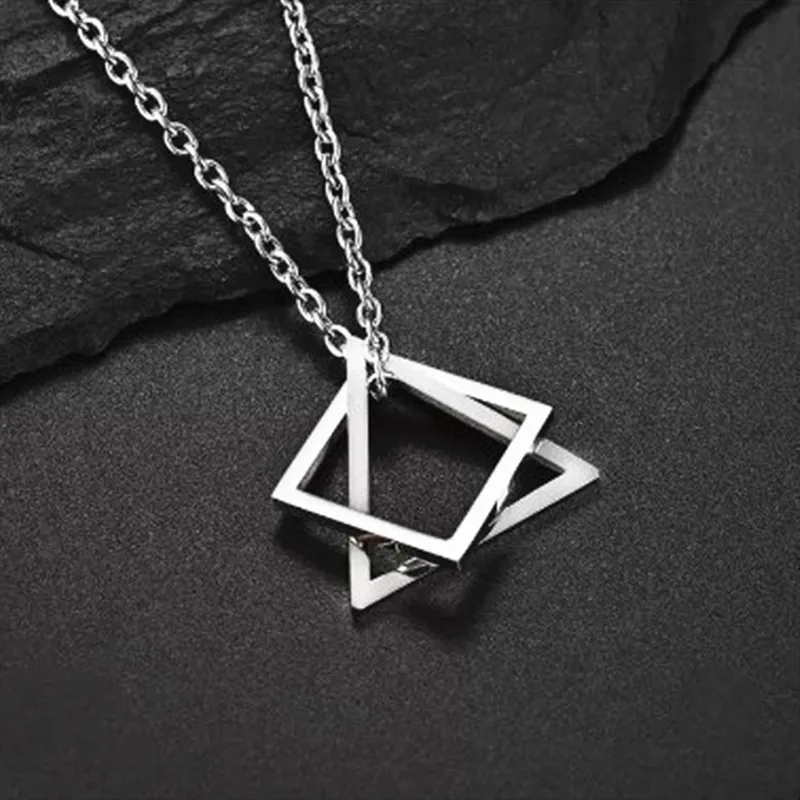 Interlocking Stacking Silver Stainless Steel Geometric Hollow Square and Triangle Necklace Hip Hop Gothic Punk Fashion Jewelry | Украшения