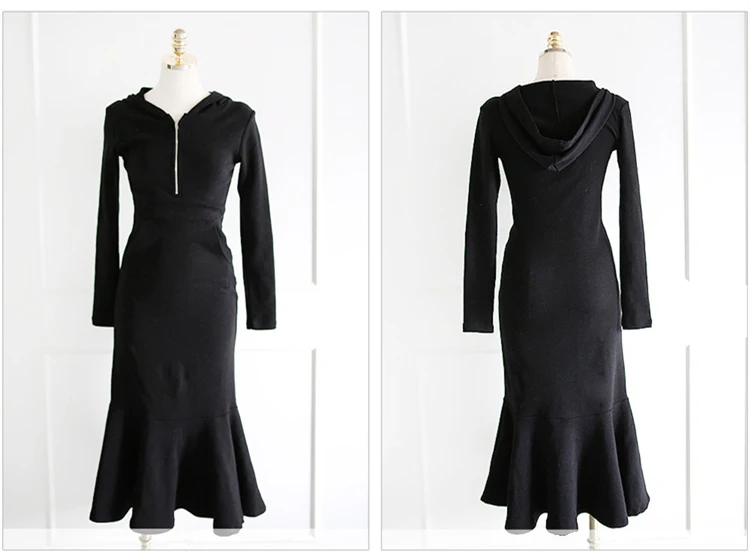 Женское платье Русалка с капюшоном белое/черное в полоску юбкой годе модель OWD195014