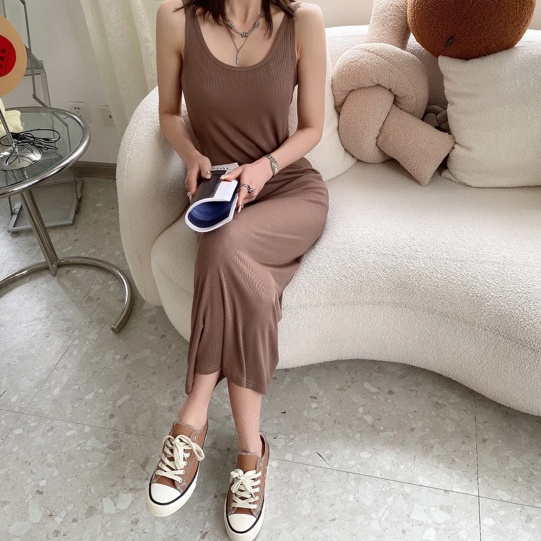 

Long Sleeveless Modal Tank Dress Women 2022 Summer Slim Stretched Fitting Holiday Dress Ultra Soft Mid Calf